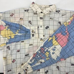Vintage Med World Map Print Button Up Shirt Long Sleeve Travel Adventure